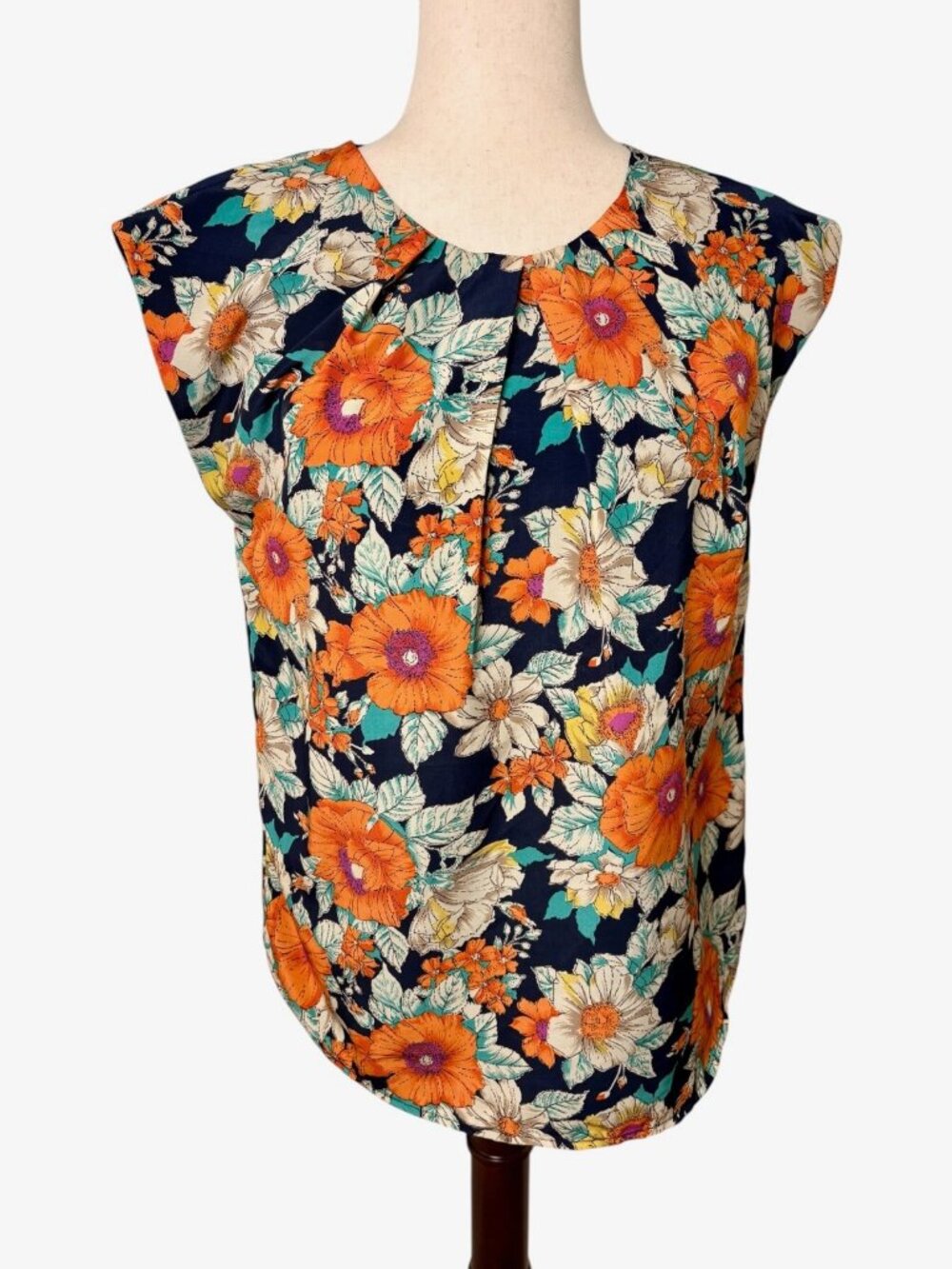 Tinley Road Navy Orange Floral Short Sleeve Blouse Office Retro Small
